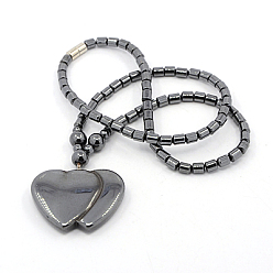 Black Heart to Heart Magnetic Synthetic Hematite Beaded Necklaces, with Brass Magnetic Clasps, Black, 18.1 inch