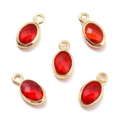 Red Eco-Friendly Brass with Glass Pendants,  Long-Lasting Plated, Lead Free & Cadmium Free & Nickel Free, Oval, Real 18K Gold Plated, Red, 9x4.5x2mm, Hole: 1.2mm
