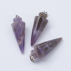 Amethyst Natural Amethyst Pendants, with Platinum Tone Brass Findings, Cone/Spike/Pendulum, 43~45x16mm, Hole: 5x7mm
