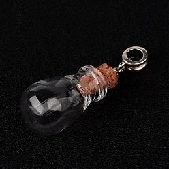 Antique Silver Teardrop Glass Wishing Bottle European Dangle Charms, with Alloy Tube Bails and Iron Findings, Antique Silver, 45.5mm, Hole: 4.5mm, Capacity: 1.2ml(0.04 fl. oz)