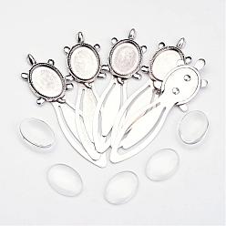 Antique Silver Bookmark Making Sets, with Alloy Cabochon Settings and Glass Cabochons, Oval, Cadmium Free & Nickel Free & Lead Free, Antique Silver, 94x27x3.5mm, Tray: 25x18mm