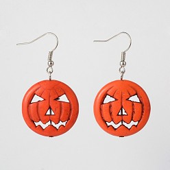 Silver Halloween Pumpkin Jack-O'-Lantern Jack o Lantern Synthetic Turquoise Dangle Earrings, with Brass Earring Hooks, Silver Color Plated, 45mm, Pin: 0.7mm
