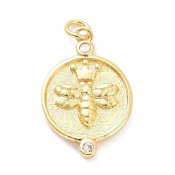 Real 18K Gold Plated Brass Micro Pave Clear Cubic Zirconia Pendants, with Jump Ring, Long-Lasting Plated, Flat Round with Bees, Real 18K Gold Plated, 22x15x3mm, Jump Ring: 4.5x1mm, 3mm Inner Diameter