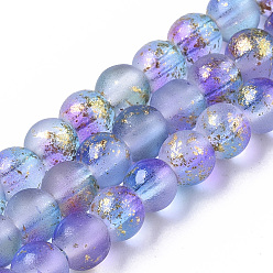 Medium Slate Blue Frosted Spray Painted Glass Beads Strands, with Golden Foil, Round, Medium Slate Blue, 4~5mm, Hole: 0.9~1.2mm, about 95~103pcs/Strand, 13.78 inch~14.88 inch(35~37.8cm)