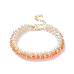 Dark Orange Glass Imitation Pearl & Bicone Beaded Bracelets, Dark Orange, 6-3/8~6-5/8 inch(16.3~16.8cm)