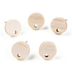 Round Ash Wood Stud Earring Findings, with 304 Stainless Steel Pin, Round, 10.5mm, Hole: 1.8mm, Pin: 0.7mm