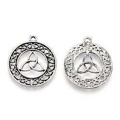 Antique Silver Tibetan Style Alloy Pendants, Cadmium Free & Lead Free, Flat Round with Trinity Knot, Antique Silver, 32.5x28.5x2mm, Hole: 2mm