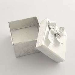 Silver Valentines Day Presents Packages Square Cardboard Ring Boxes, with Bowknot Outside and Sponge Inside, Silver, 43x43x32mm