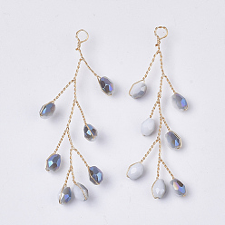 Alice Bleu Perles de rocaille en verre enroulées de gros pendentifs, avec fils en laiton plaqué or, bleu alice, 51~55x11~14x3mm, Trou: 2mm