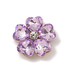 Lila Cabochons de aleación, con diamantes de imitación de cristal, oro claro, flor, lila, 19x19x5.5 mm