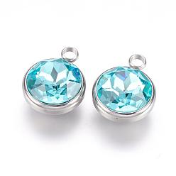 Pale Turquoise K9 Glass Rhinestone Pendants, December Birthstone Charms, with 304 Stainless Steel Findings, Flat Round, Pale Turquoise, 18x14x9mm, Hole: 2.5mm