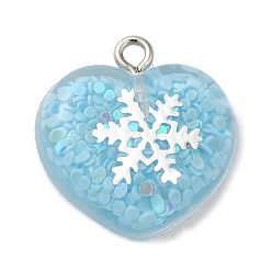 Turquoise Pâle Pendentif en acrylique, avec les accessoires en fer, glitter, coeur de Saint Valentin avec flocon de neige, turquoise pale, 20.5x20x6.5mm, Trou: 2mm