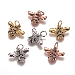 Mixed Color Brass Micro Pave Cubic Zirconia Charms, with Jump Rings, Bees, Black & Clear, Mixed Color, 11.5x15x3mm, Hole: 3mm