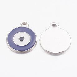 Purple Zinc Alloy Enamel Pendants, Lead Free and Cadmium Free, Flat Round with Evil Eye, Platinum Metal Color, Purple, 21x16x2mm, Hole: 2mm