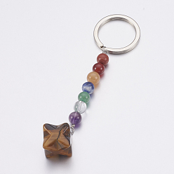 Tiger Eye Natural Tiger Eye Chakra Keychain, with Mixed Stone and Platinum Plated Brass Key Rings, Merkaba Star, 90mm