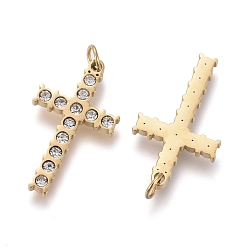 Golden 316 Surgical Stainless Steel Pendants, with Crystal Rhinestone and Jump Rings, Cross, Golden, 18x10x1.5mm, Hole: 2.5mm
