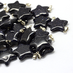 Blue Goldstone Star Synthetic Blue Goldstone Pendants, with Platinum Tone Brass Findings, 22~23x20~24x5~7mm, Hole: 2x7mm