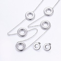 Stainless Steel Color 304 Stainless Steel Jewelry Sets, Necklaces and Stud Earrings, with Hollow, Flat Round, Stainless Steel Color, 31.89 inch(81cm), 18x2mm, Pin: 0.8mm