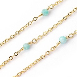 Amazonite Handmade Natural Amazonite Beaded Chains, Soldered, with Brass Findings, Real 18K Gold Plated, Long-Lasting Plated, with Spool, 3mm, about 32.8 Feet(10m)/roll