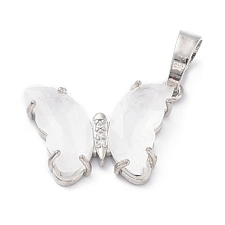Quartz Crystal Natural Quartz Crystal  Pendants, with Rack Plating Platinum Plated Brass Findings, Cadmium Free & Lead Free, Faceted Butterfly Charms, 17x22.5x4mm, Hole: 8x5mm