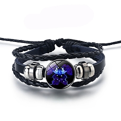 Gemini Alloy Braided Bead Bracelets, Leather Multi-Strand Bracelet, Glass Constellation Bracelet, Gemini, 7-7/8 inch(20cm)