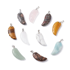 Mixed Stone Natural & Synthetic Mixed Stone Pendants, with Platinum Plated Brass Loops, Wing, 36x15~16.6x6.5~7.7mm, Hole: 5x4mm