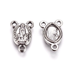Antique Silver Tibetan Style Alloy Chandelier Component Links, 3 Loop Connectors, Oval with Virgin Mary, Rosary Center Pieces, Antique Silver, 15x10.5x2.4mm, Hole: 1.4mm
