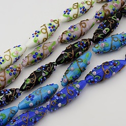 Mixed Color Handmade Bumpy Lampwork Rice Beads Strands, with Flower Pattern, Mixed Color, 40~45x13~15mm, Hole: 2mm, about 7pcs/strand, 12 inch
