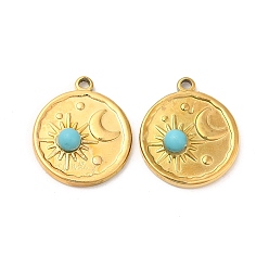 Synthetic Turquoise Ion Plating(IP) 316 Stainless Steel Flat Round Pendants, Synthetic Turquoise Sun & Moon Charms, Real 24K Gold Plated, 21.5x18x4.5mm, Hole: 1.6mm