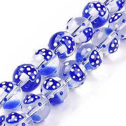Blue Handmade Lampwork Beads Strands, Round with Mushroom, Blue, 12~12.5x11.5mm, Hole: 1.2mm, about 30pcs/strand, 13.78''(35cm)