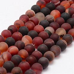 Orange Red Frosted Natural Agate Beads Strands, Round, Dyed & Heated, Orange Red, 6mm, Hole: 0.8mm, about 65pcs/strand, 15.1 inch
