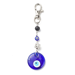 Flat Round Handmade Lampwork Evil Eye Pendant Decoration, Natural Lava Rock Round Bead & Lobster Clasp Charms, for Keychain, Purse, Backpack Ornament, Flat Round, 121mm