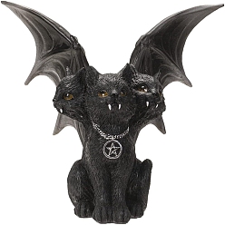 Black Resin Three Head Cat with Wing Figurine, for Halloween Party Home Desk Decoration, Black, 155x71x150mm