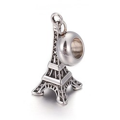 Antique Silver Retro 304 Stainless Steel European Style Dangle Charms, Large Hole Pendants, Eiffel Tower, Antique Silver, Antique Silver, 31mm, Hole: 4.5mm, Pendant: 21x9mm
