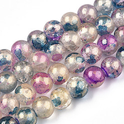 Bleu Marine Cuisson peint verre craquelé brins de perles, avec de la poudre d'or, ronde, rose, 6mm, Trou: 1.2mm, Environ 147 pcs/chapelet, 31.10 pouce (79 cm)