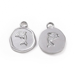 Stainless Steel Color 304 Stainless Steel Pendants, Flat Round with Dolphin Charm, Stainless Steel Color, 16x13x2mm, Hole: 2mm