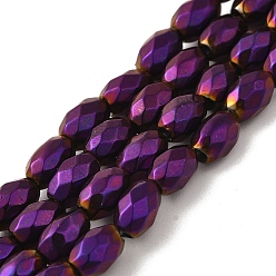 Plaqué Violet Brins de perles d'hématite synthétiques magnétiques fortes galvanisées, plaqué longue durée, ovale à facettes, pourpre plaqué, 7~8x5~5.5mm, Trou: 1.4mm, Environ 50 pcs/chapelet, 15.35'' (39 cm)