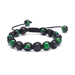 Green Round Stone Braided Bead Bracelets Set, Natural Tiger Eye & Synthetic Black Stone Beads Stackable Bracelets for Women, Green, Inner Diameter: 2-1/4~3-1/2 inch(5.6~8.8cm)