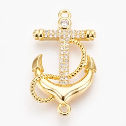 Real 18K Gold Plated Brass Micro Pave Cubic Zirconia Links, Lead Free & Cadmium Free & Nickel Free, Long-Lasting Plated, Anchor, Clear, Real 18K Gold Plated, 31x18x4mm, Hole: 1.5mm