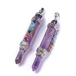 Amethyst Chakra Jewelry, Natural Amethyst Pendants, with Brass Findings and Natural & Synthetic Mixed Stone, Hexagonal Prisms, Platinum, 84x14x16mm, Hole: 5x8mm