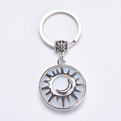 Opalite Porte-clés opalite, avec accessoires en laiton, plat rond avec le soleil et la lune, 64mm