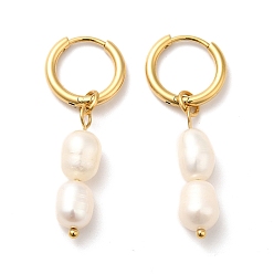 Golden Double Natural Pearl Dangle Hoop Earrings, Golden 304 Stainless Steel Jewelry for Women, Golden, 38mm, Pin: 1mm