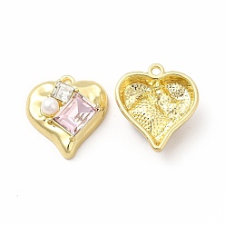 Perlas de Color Rosa Aleación de chapado en rack con corazón de vidrio con colgantes rectangulares, con perlas de imitación de plástico abs, la luz de oro, sin cadmio y níque y plomo, rosa perla, 20x18.5x7 mm, agujero: 1.6 mm