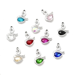 Mixed Color Alloy Glass Pendants, Crystal Rhinestone Swan Charm, Platinum, Mixed Color, 23x15x5mm, Hole: 2mm