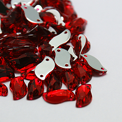 Rouge Coudre sur strass, Taiwan acrylique strass, deux trous, accessoires du vêtement, facette, vague, rouge, 20x10x5 mm, trou: 1 mm