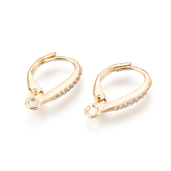 Golden Brass Micro Pave Cubic Zirconia Leverback Earring Findings, with Loop, Clear, Golden, 17x11x1.5mm, Hole: 1.5mm