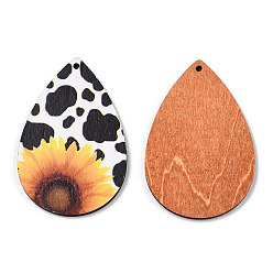Cattle Single Face Sunflower Printed Wood Big Pendants, Teardrop Charm, Black, Cow Pattern, 60x40x3mm, Hole: 2mm