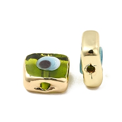 Olive Drab Brass Enamel Beads, Long-Lasting Plated, Real 18K Gold Plated, Square with Evil Eye Pattern, Olive Drab, 10~11x10~11x4.5~5.5mm, Hole: 1.6~1.8mm