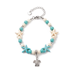 Argent Antique Bracelet à breloques tortue en alliage avec bracelet en perles d'étoile de mer turquoise synthétique (teint) pour femmes, argent antique, 7-1/4 pouce (18.5 cm)