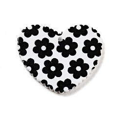 Black Printed Acrylic Pendants, Heart with Flower Pattern, Black, 26x31.5x2mm, Hole: 1.5mm